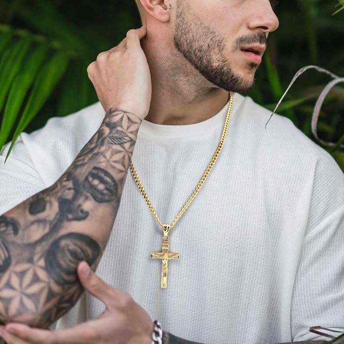 Gold Cross Necklace for Men 14K Gold Cross Necklace for Men Crosses Chain Necklaces for Mens Paired with 4.3mm Cuban Chain Crucifix Pendant Mens Crosses Necklaces 20/22/24in