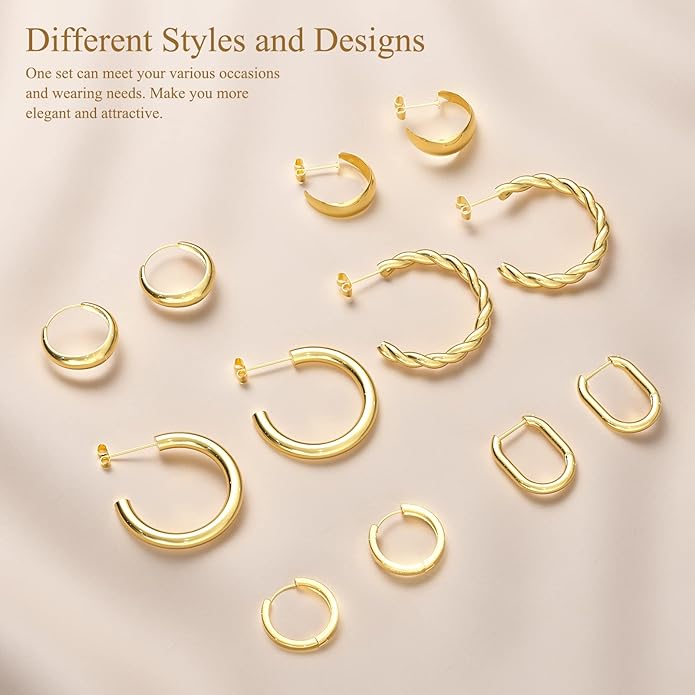 6 Pairs Gold Hoop Earrings Set for Women, Hypoallergenic 14K Gold Chunky Earrings, Lightweight Small Thin Cute Dainty Trendy Clip On Jewelry Gifts for Womens for Multiple Piercing (Gold & Silver)