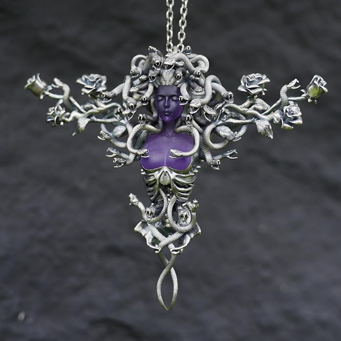 Medusa Pendant Brooch | Gothic Fashion Jewelry with Purple Crystal | Statement Myth-Inspired Accessory for Women