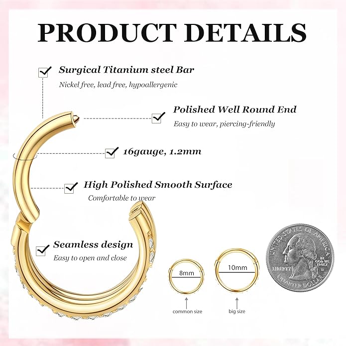 2 PCS Small Cartilage Double-Hoop Helix Conch Piercing Earrings With Cubic Zirconia For Women Trendy 14K Gold Plated Titanium Surgical Stainless Steel Sets Jewelry