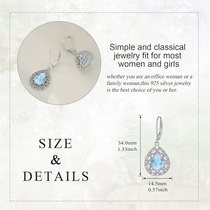 Moonstone Filigree Drop Dangle Teardrop Earrings 925 Sterling Silver Moonstone Leverback Earrings for Women Jewelry Gifts