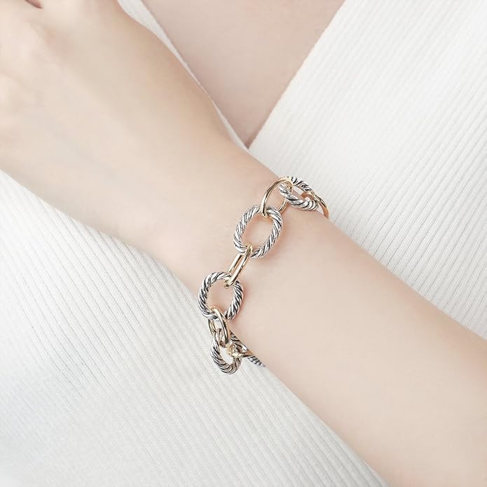 UNY JEWEL Twisted Cable Wire Link Chain Bracelet Two Tone Designer Brand Inspired Women Jewelry Valentine (2 Tone)