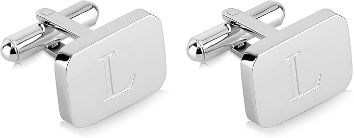 18K White-Gold Plated Initial Engraved Stainless Steel Men’s Cufflinks With Gift Box -Personalized Alphabet Letter’s A-Z By Lux & Pair