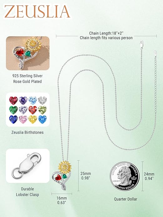 Zeuslia Double Birthstone Necklace Gifts for Wife - 925 Sterling Silver Sunflower/Rose/Crown Cross/Compass/Heart Pendant I Love You Necklace, Anniversary Birthday Gifts for Wife Girlfriend Mom Her