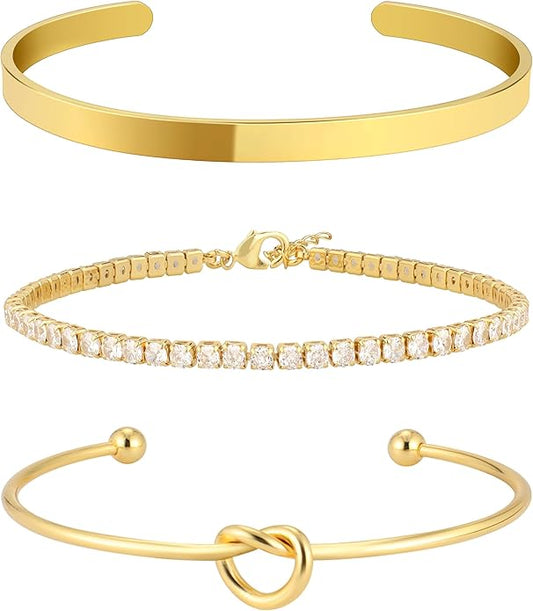 Reoxvo Gold Plated Bangle Cuff Bracelets for Women Non Tarnish Gold Bracelet Stack Jewelry Set for Women Trendy