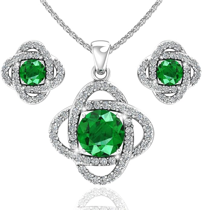 Women 925 Sterling Silver Cute Love Knot Sparkling Gemstone Push Back Stud Earrings Hanging Pendant Necklace Beautiful Fine Jewelry Accessory Set, 1.65 Carat