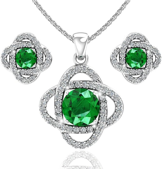Women 925 Sterling Silver Cute Love Knot Sparkling Gemstone Push Back Stud Earrings Hanging Pendant Necklace Beautiful Fine Jewelry Accessory Set, 1.65 Carat