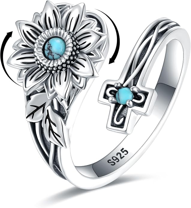 S925-Sterling-Silver Abalone Dragonfly-Turquoise Spoon Ring - Vintage Boho Sunflower Thumb Oxidized Wrap Rings Victorian Style Antique Floral Jewelry Gifts for Women
