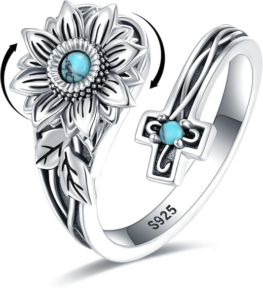 S925-Sterling-Silver Abalone Dragonfly-Turquoise Spoon Ring - Vintage Boho Sunflower Thumb Oxidized Wrap Rings Victorian Style Antique Floral Jewelry Gifts for Women