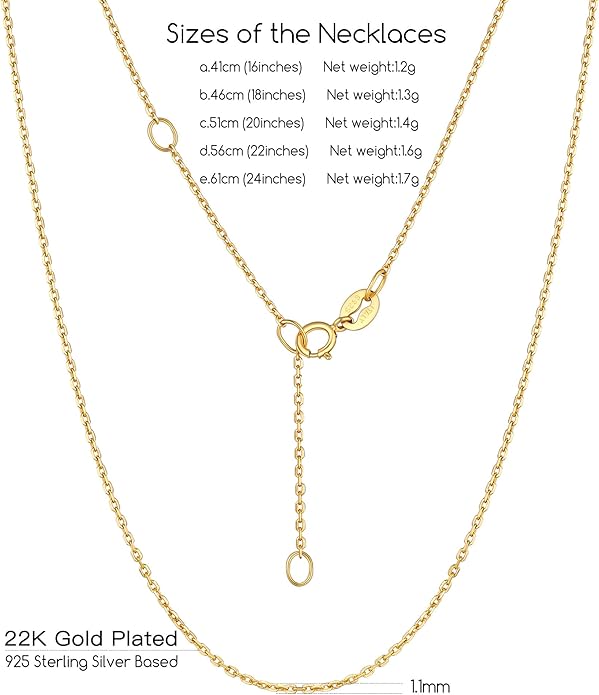 Suplight 925 Sterling Silver Necklace Chain for Women-1.1&1.5mm Chain Necklace 22k Gold Plated/Silver Necklaces for Women Thin & Sturdy-Adjustable Length-Italian Quality 16-24 Inch