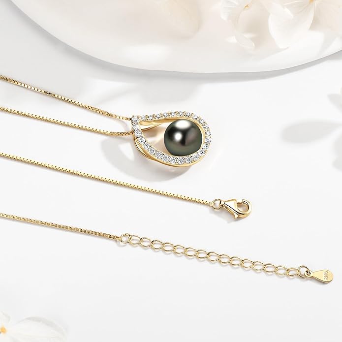 Tahitian Black Pearl Necklace for Women, Sterling Silver Single Pearl Pendant Jewelry Gift for Wife Mom Birthday Anniversary