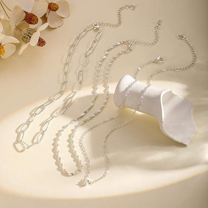 Layered Gold Necklace for Women Trendy 14K Gold Plated Heart CZ Pendant Layered Gold Necklaces Set Coin Choker Necklaces Simple Circle Cubic Zirconia Pearl Necklace Stack Herringbone Paperclip Chain Jewelry Set