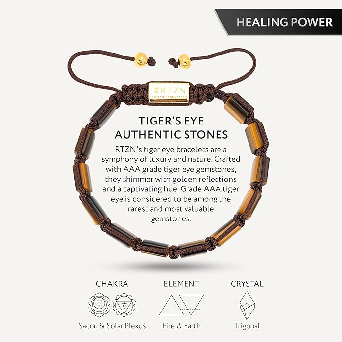 RTZN® Tigers Eye Bracelet for Men – Premium Artisan Handcrafted Golden Brown Tiger Eye Bead Bracelets – Natural Stone Tiger Eye Bracelet Men – Beaded Bracelets for Men