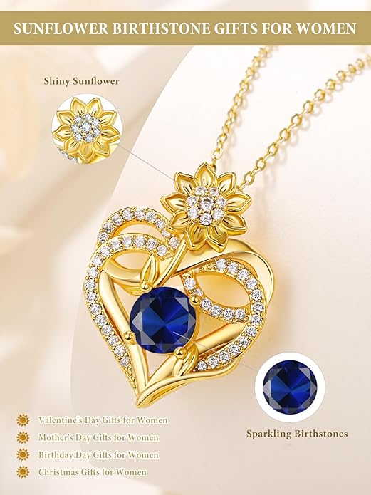 14K Gold Sunflower Birthstone Necklace for Women Infinity Love Heart Necklace Christmas Valentines Mothers Day Anniversary Birthday Gifts for Her Mom Wife Girlfriend Daughter