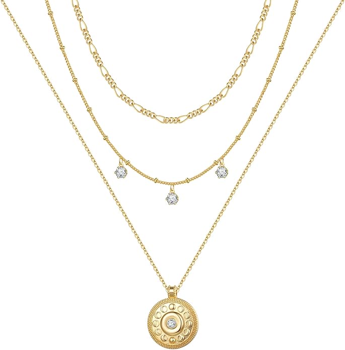 Turandoss Gold Layered Necklaces for Women - 14K Gold Plated Handmade Multilayer Bar Pearls Coin Disc Moon Butterfly Medallion Adjustable Dainty Layered Choker Necklaces for Women Jewelry