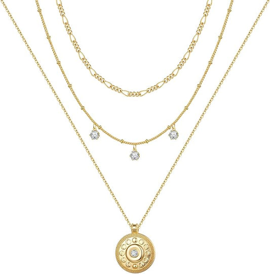 Turandoss Gold Layered Necklaces for Women - 14K Gold Plated Handmade Multilayer Bar Pearls Coin Disc Moon Butterfly Medallion Adjustable Dainty Layered Choker Necklaces for Women Jewelry