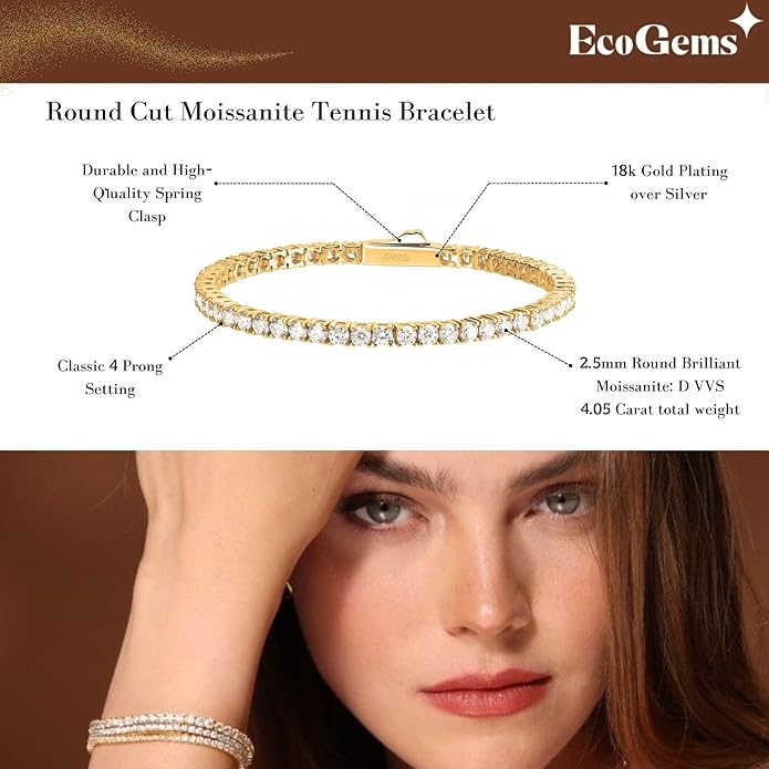 Moissanite Tennis Bracelet For Women and Men in 18K White Gold/Yellow Gold Over Sterling Silver, 2mm-4mm Width, Comes With Gift Box