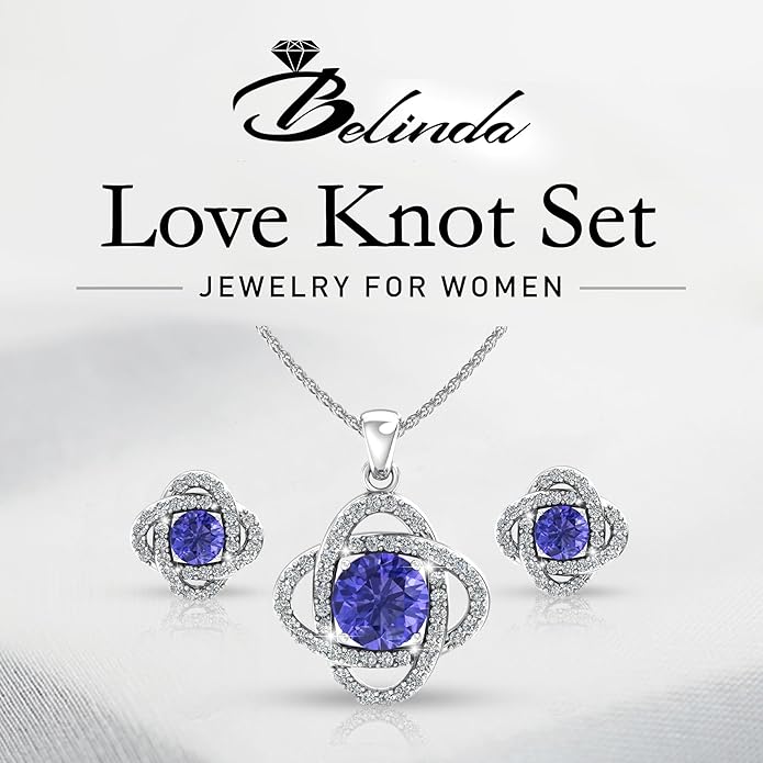 Women 925 Sterling Silver Cute Love Knot Sparkling Gemstone Push Back Stud Earrings Hanging Pendant Necklace Beautiful Fine Jewelry Accessory Set, 1.65 Carat