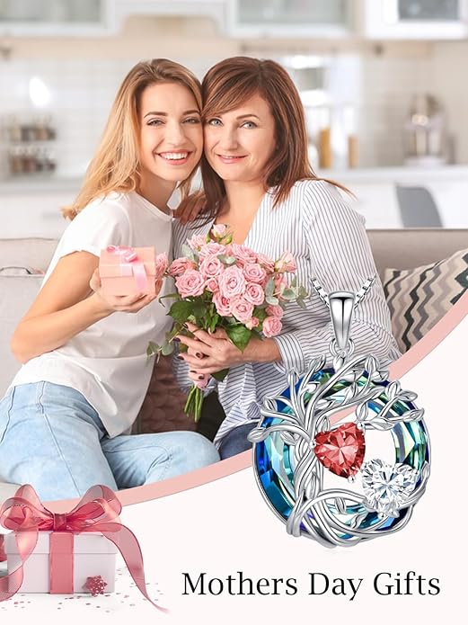 TOUPOP s925 Sterling Silver Family Celtic Tree of Life Pendant Necklaces with 2 Heart Birthstone with Blue Austrian Crystal Jewelry Birthday Anniversary Christmas Gifts for Her Wife Girlfriend Mom (18K Real White Gold Filled)