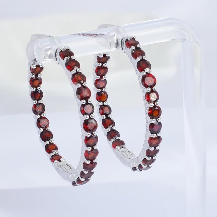 Hoop Earrings with 40 Colored Gemstones, Birthstone Earrings, 925 Sterling Silver Rhodium Plated, Push Back Closure, 1.18'