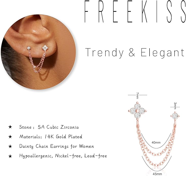 Freekiss Gold Chain Studs Earrings for Women Trendy: Hypoallergenic 14K Gold Plated Dangle Earrings Dainty Small Long Chain Earring Set Fashion Gold Jewelry for Women