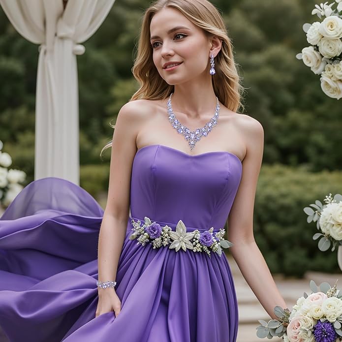 BriLove Wedding Bridal Jewelery for Women Austrian Crystal Teardrop Cluster Statement Necklace Dangle Earrings Link Bracelet Set