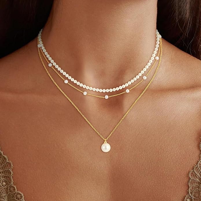 Pearl Necklaces for Women Trendy, 18K Gold/Silver Plated Layered Pearl Necklace Dainty Pearls Choker Necklace and Earring Set Simple Pearls Bracelets Wedding Prom Gold Jewelry for Women Gifts