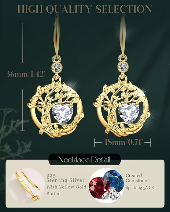 FANCIME Tree of Life Dangle Drop Earrings 925 Sterling Silver Dainty Round Gemstone Birthstone Earring Fine Jewelry Birthday Christmas Gifts for Her Women