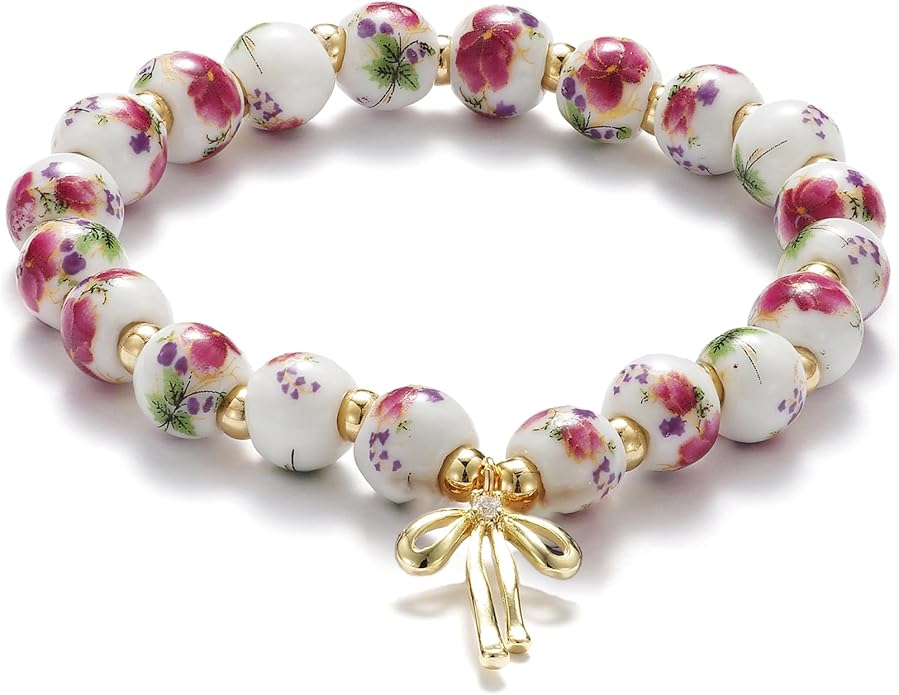 Beads Bow Charm Bracelet for Women Flower Vintage Bracelet Handmade Stretch Beaded Dainty Romantic Jewelry Gifts