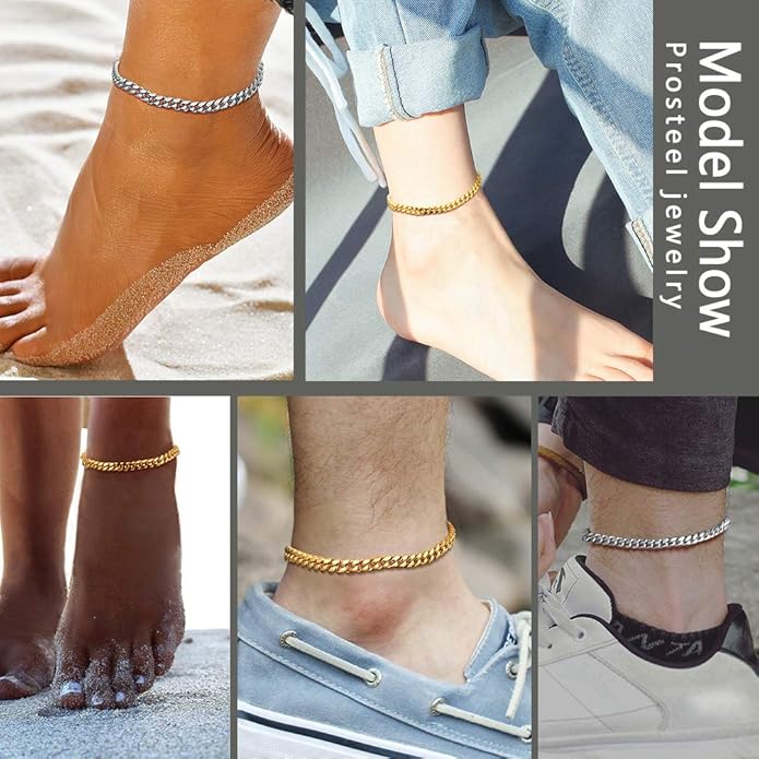 PROSTEEL Stainless Steel Chain Anklets for Women, Silver/Gold Tone, Ankle Bracelets Hypoallergenic, 8-10.5 Inch Adjustable, Come with Box
