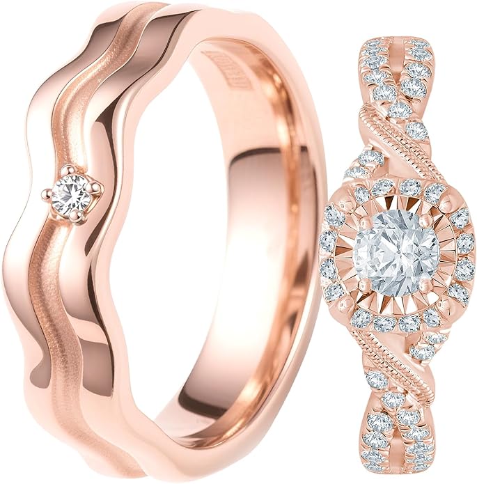 Rikelus Moissanite Engagement Ring Sets for Couples,10K 14K 18K Solid Gold Heart/Princess/Round Cut Bridal Ring Sets,Customized Matching Wedding Bands Set for Men and Women Free Engraving