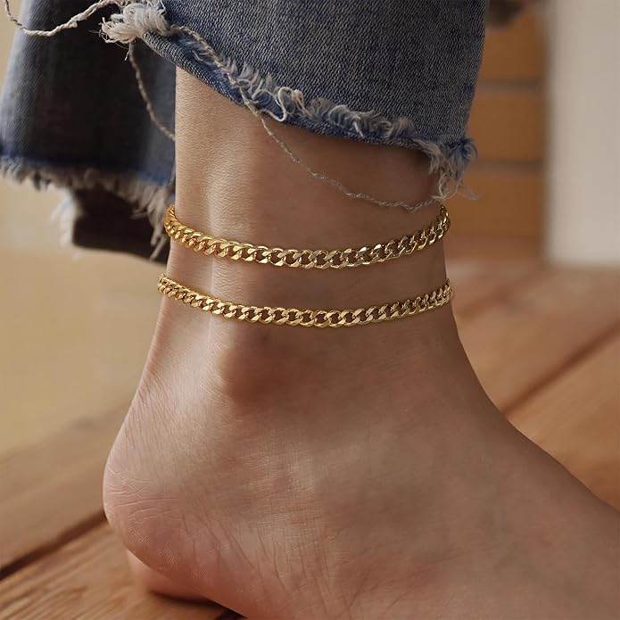 Ritach Ankle Bracelets for Women - Silver/Gold Plated Stainless Steel Anklets for Women Waterproof Layered Cuban Link Figaro Chain Heart Anklets Set Summer Beach Jewelry Gifts