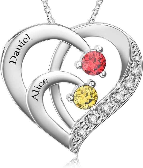 Easycosy Custom Name Necklace with Simulated Birthstones Customized Promise Necklace Heart Pendant with Engraved 2-6 Names - Anniversary Birthday Christmas Jewelry Gifts for Women Wife Mom Grandma