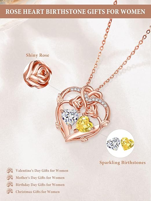Rose Gold Necklaces for Women Double Birthstone Rose Flower Heart Pendant Necklace Jewelry Anniversary Christmas Valentine's Mother's Day Birthday Gift for Wife Mom Her Girlfriend Sister