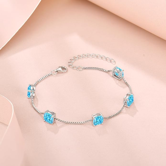 Birthstone Bracelet for Women 925 Sterling Silver Dainty Princess Cut Link Bracelet Jewelry Gifts for Her