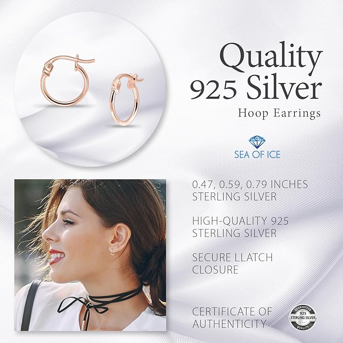 SEA OF ICE 925 Sterling Silver Hoop Earrings for Women - Hypoallergenic Earrings for Women in Sterling Silver, Yellow Gold, Rose Gold or Black Rhodium | Sizes 12MM, 15MM, 20MM or Multipack
