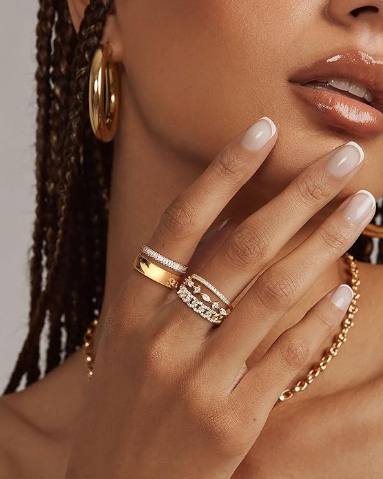 FUNEIA Stackable Gold Rings for Women Non Tarnish Trendy Dainty 14K Gold Plated Stacking Cubic Zirconia Thumb Ring Set Pack Statement Chunky Band Rings Promise Engagement Rings Size 7 8 9 10 11