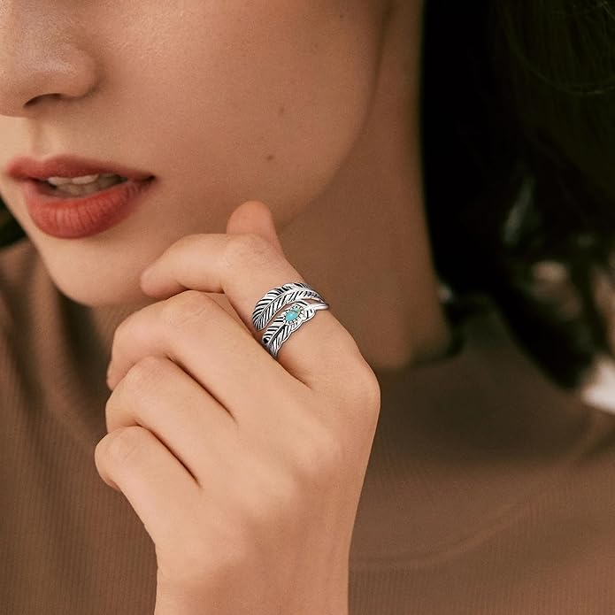 Sterling Silver Feather Ring with Black Onyx & Turquoise - Adjustable Stacking Vintage Statement Ring for Women & Men