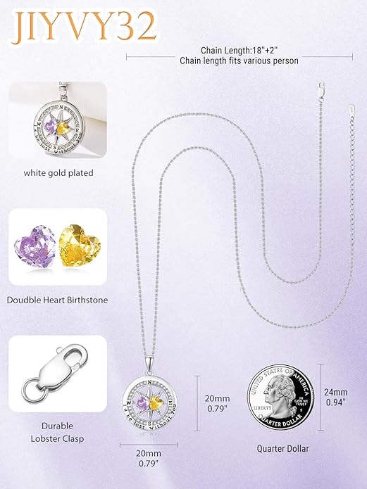 JIYVY32 Compass Birthstones Necklace for Women, Exquisite S925 Necklace Anniversary Birthday Gifts for Wife Her Double Birthstone Pendant jewelry ‘I'd be Lost Without You’