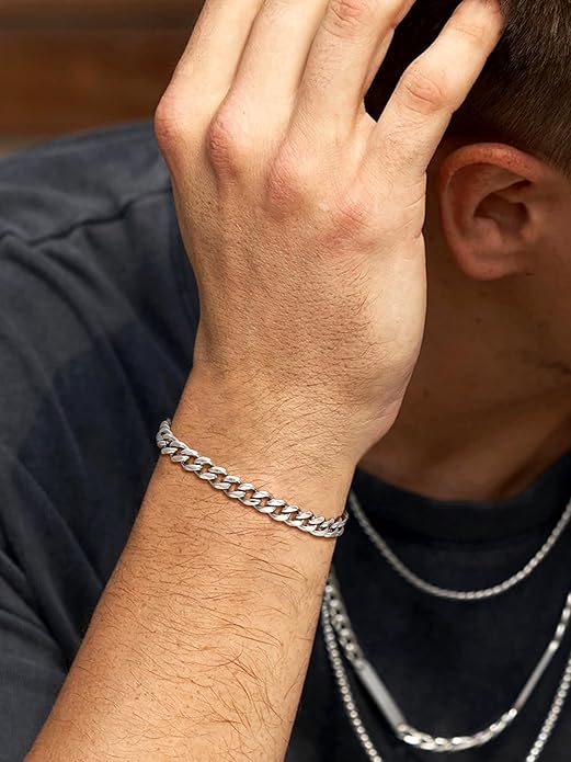 U7 Link Bracelets for Men, Cuban Link/Rope/Watch Band Solid Bracelet, Silver Black Gold Color Wrist Bracelet 3/6/9/12/15mm Width, 6.5/7.5/8.3 Inch Length, Hand Chain Jewelry for Mens Women