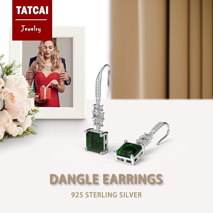 18K White Gold Plated Sterling Silver Asscher Cut Cubic Zirconia Dangle Earrings for Women Square CZ Diamond Drop Dangling Earrings for Women Mom