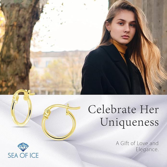 SEA OF ICE 925 Sterling Silver Hoop Earrings for Women - Hypoallergenic Earrings for Women in Sterling Silver, Yellow Gold, Rose Gold or Black Rhodium | Sizes 12MM, 15MM, 20MM or Multipack