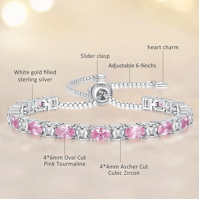 Sterling Silver Birthstone Bracelets for Women White Gold Tennis Bracelets Adjustable Chain 6-9 Inchs Jewelry Hypoallergenic Anniversary Birthday Gifts for Women Mom Wife Her