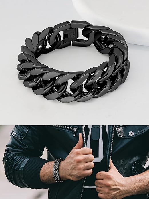 8/12/17mm Wide Cuban Link Bracelet for Men Father Gift 18K Gold/Black Plated Stainless Steel Bracelets 7.4-9 Inches(Gift Wrapped)