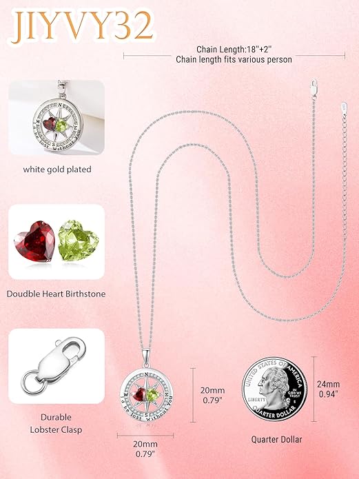 Compass Birthstones Necklace for Women, Exquisite Anniversary Birthday Gifts for Wife Her Double Birthstone Pendant jewelry ‘I'd be Lost Without You’