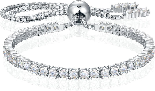 Moissanite Tennis Bracelet 1.52ct-7.76ct Adjustable Bracelet for Women 18K White Gold Plated S925 Sterling Silver Tennis Bracelet D Color VVS1 Round Cut 2/3/4mm Moissanite Bracelet Gifts for Wife/Mom