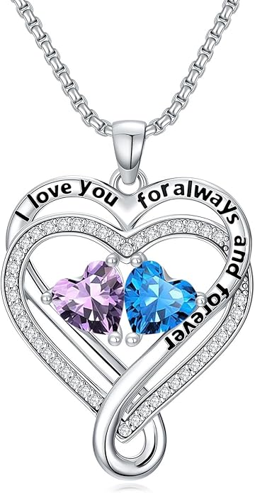 I Love You for Awlays and Forever Double Heart Necklace with Birthstone, 2 Birth Stone Jewelry Anniversary Valentines Mothers Day Christmas Birthday Gifts for Women Her Wife Girlfriend Mom Mother