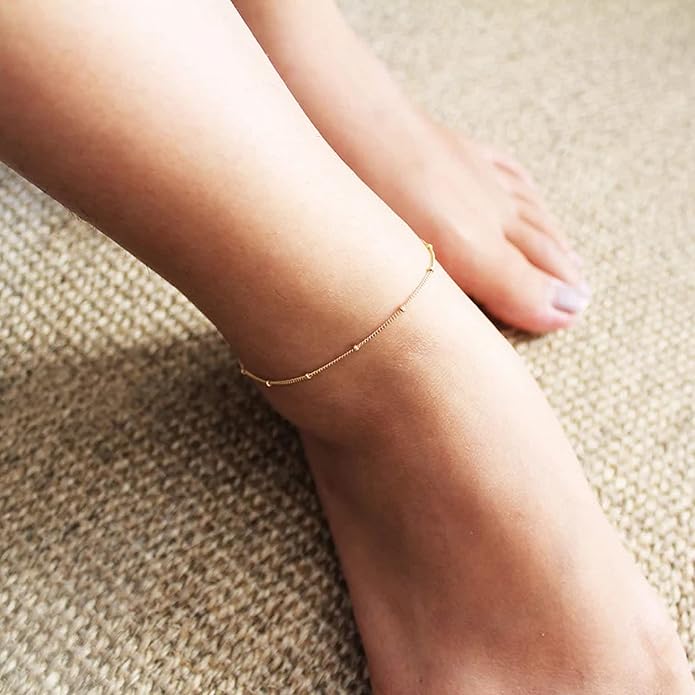 Pencros Dainty Layered Anklet,14K Gold Filled Cute Beads Satellite Chain Heart Boho Adjustable Anklets for Women