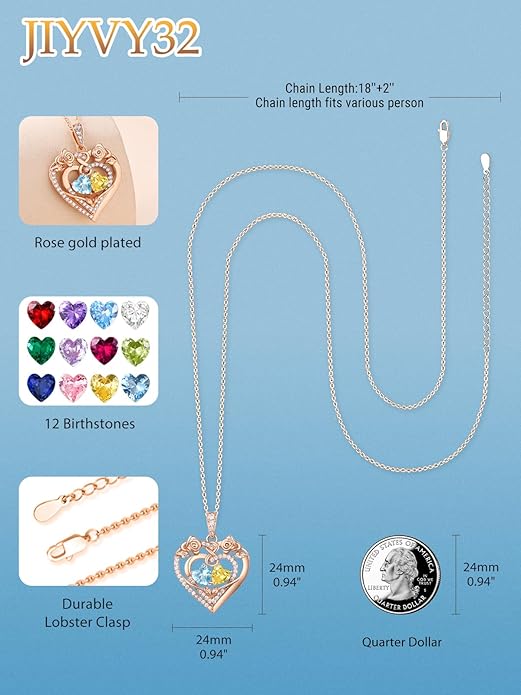 JIYVY32 Rose Heart Necklace for Women Exquisite 925 Sterling Silver Anniversary Birthday Gifts for Wife Mom Her Double Birthstone Pendant Jewelry