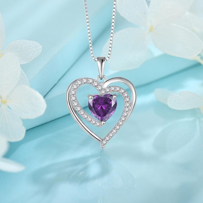 FJ Love Heart Necklace for Women 925 Sterling Silver Birthstone Pendant Anniversary Birthday Jewelry